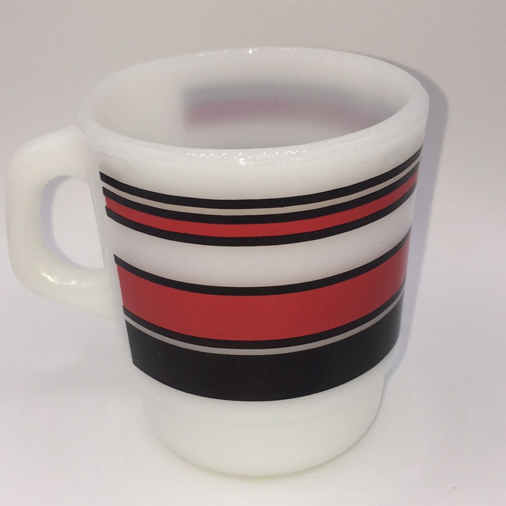 Vintage Fire King Red Black Super Stripes Milk Glass Mug 1960s